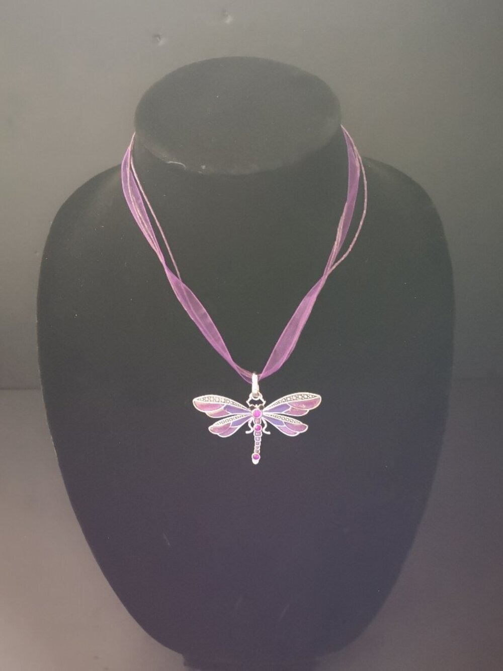 Dragonfly Purple with Silver Tone & Rhinestones Pendant Necklace Cord & Ribbon